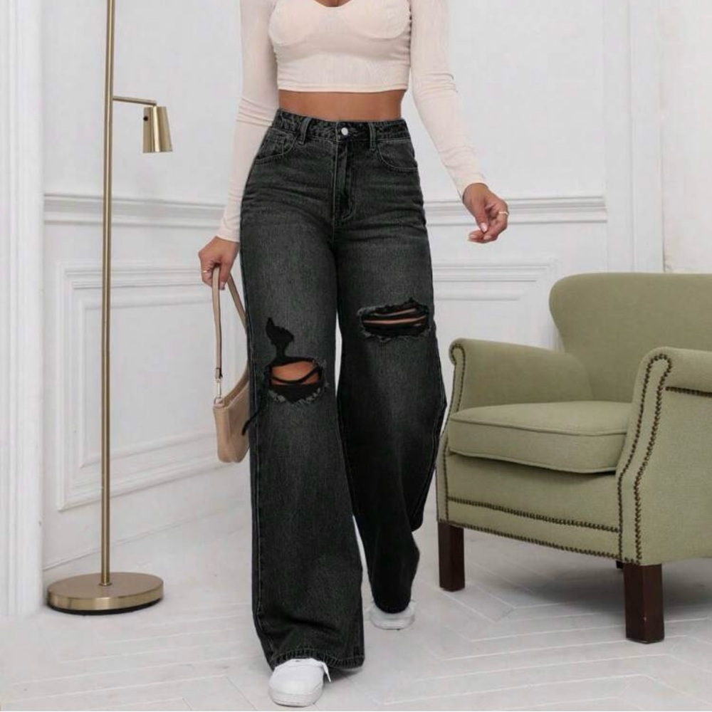 SHEIN Black Distressed Wide Leg Jeans